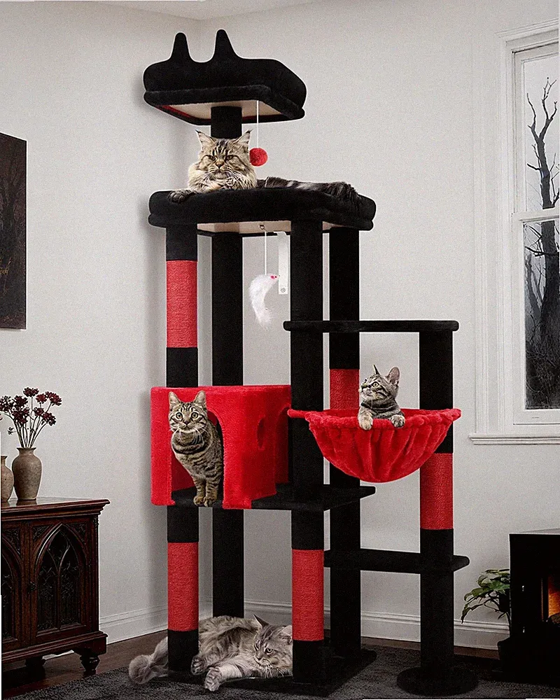 Kratzbaum für Große Katzen Schwarz Rot 167 cm mit Breit Plattform Gepolsterte...