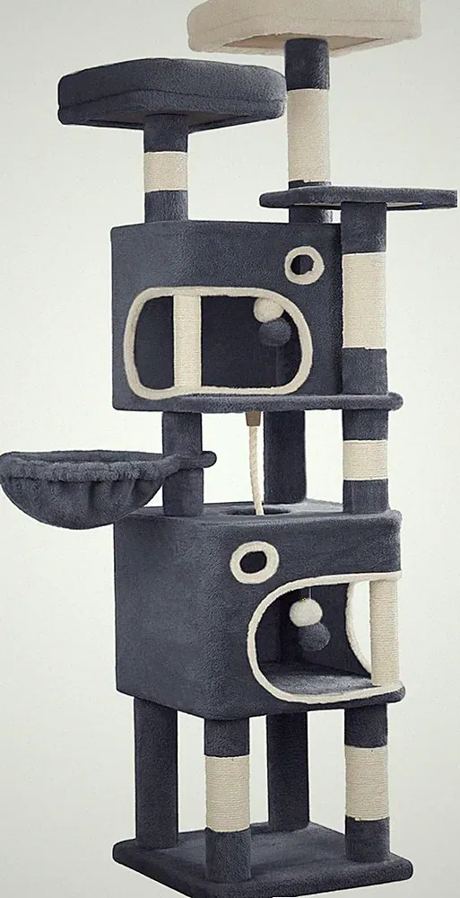 Kratzbaum für Katzen 159 cm Dunkelgrau mit 3 Plattformen 2 Höhlen, 8