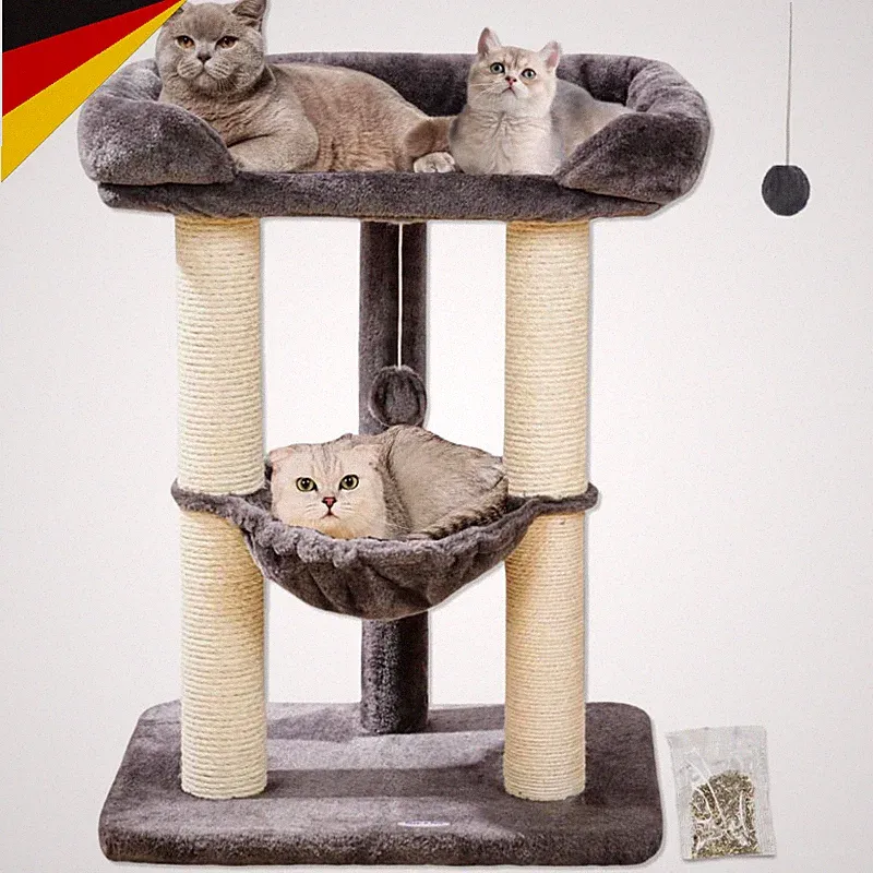 Kratzbaum für Katzen 71cm Hoch mit Bett Hängematte Sisal Abnehmbarer Bezug Grau