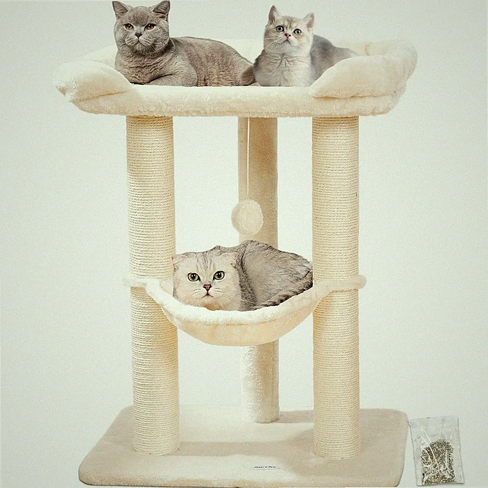 Kratzbaum für Katzen 71CM mit großem Bett, Sisal-Kratzstamm, Hängematte - Beige