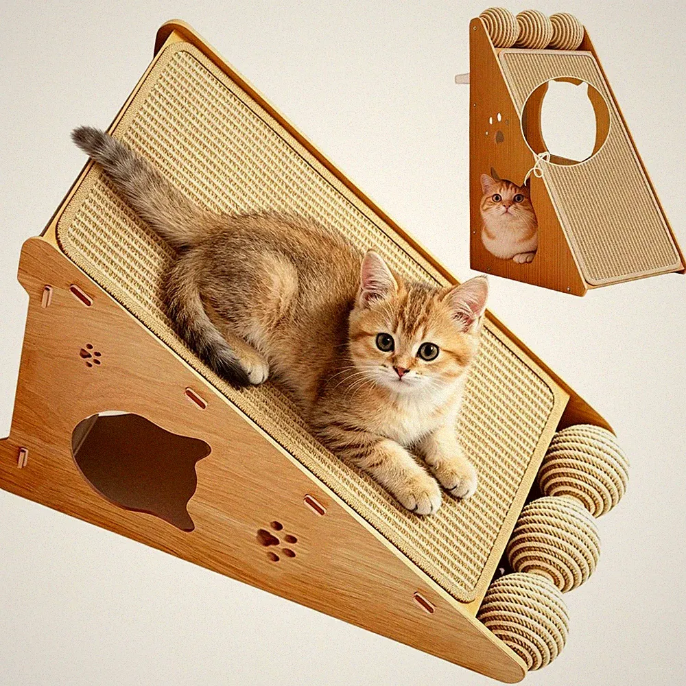 Kratzbaum für Katzen mit 4 Bällen und Kratzfläche aus Leinen im Innenbereich