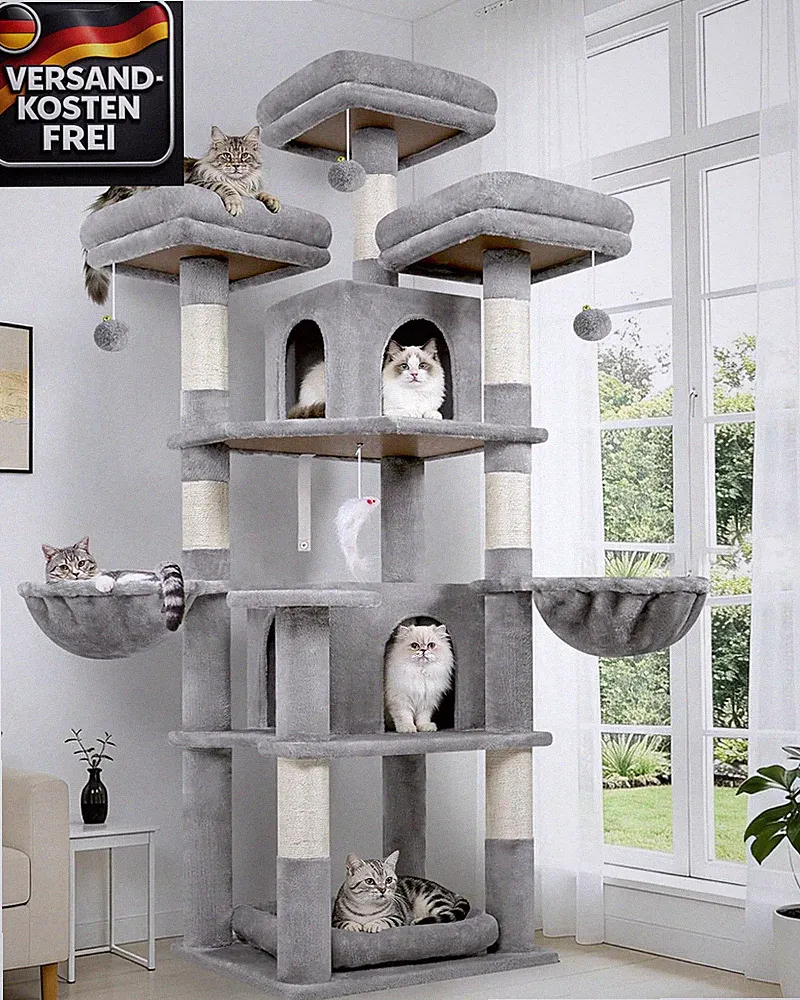 Kratzbaum für Katzen mit Sitztürmen, Katzenhäusern und Korb, stabil, 174 cm