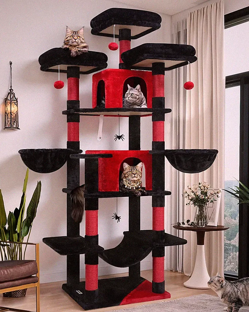Kratzbaum Gothic Groß XXL, Katzenbaum Schwarz Rot hoch 204 cm mit 3 Gepolster...