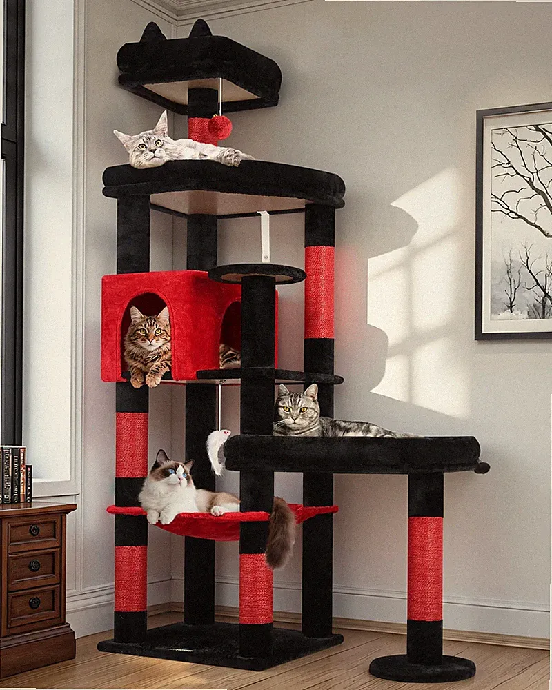 Kratzbaum Gotisch Schwarz Rot für Groß Katzen 165cm mit 2 Groß Gepolsterte Pl...