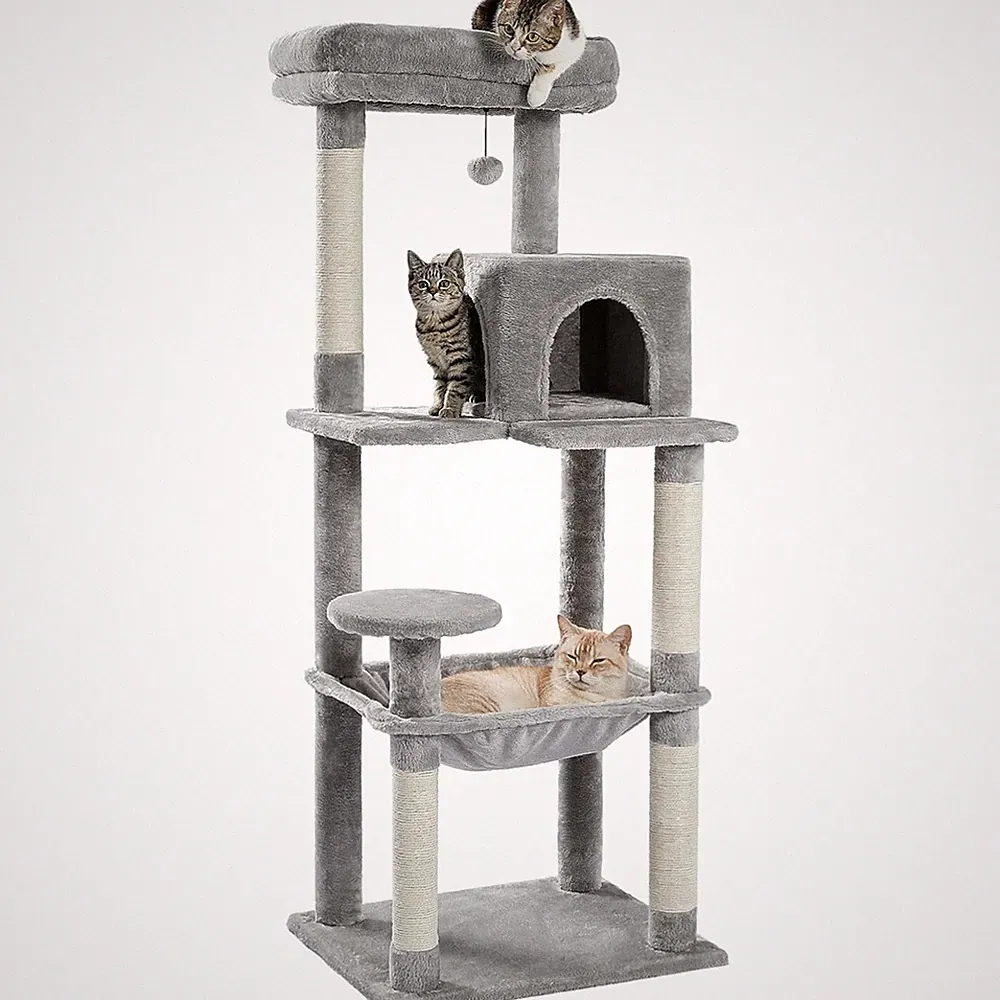 Kratzbaum groß 143cm, stabil, Mehrkatzen, Hängematte, Katzenbaum, Grau