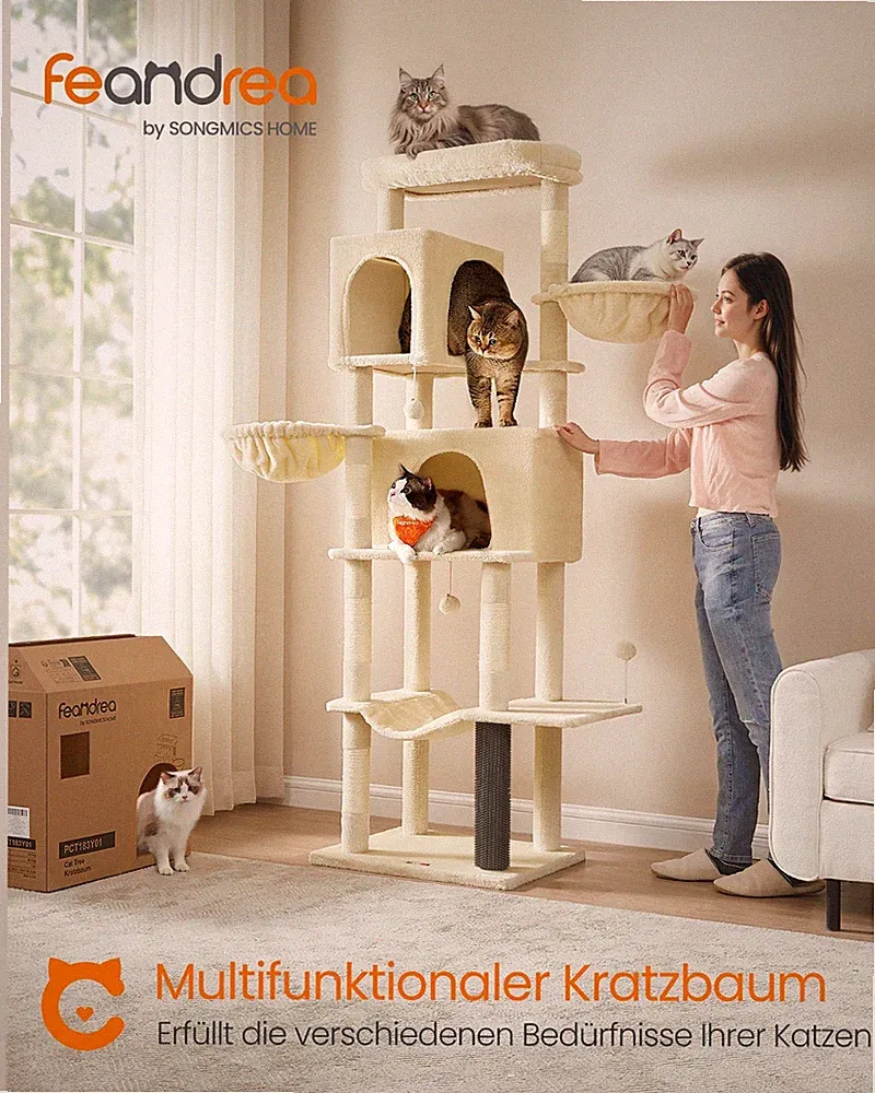 Kratzbaum groß, 190,7 cm hoch, XXL, mehrstöckiger Katzenbaum mit 2 Höhlen