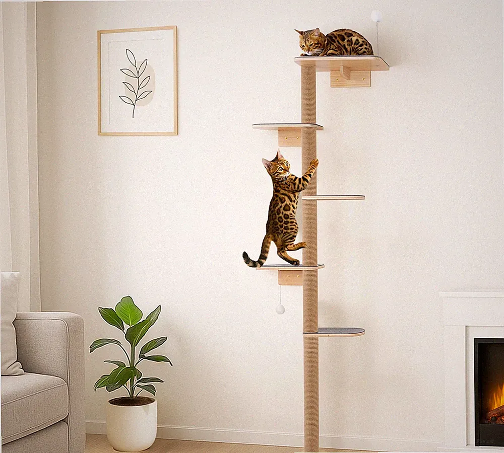 Kratzbaum Groß 210cm Kletterwand Katzen, Wandmontierter Katzenkratzbaum 5 Stö...