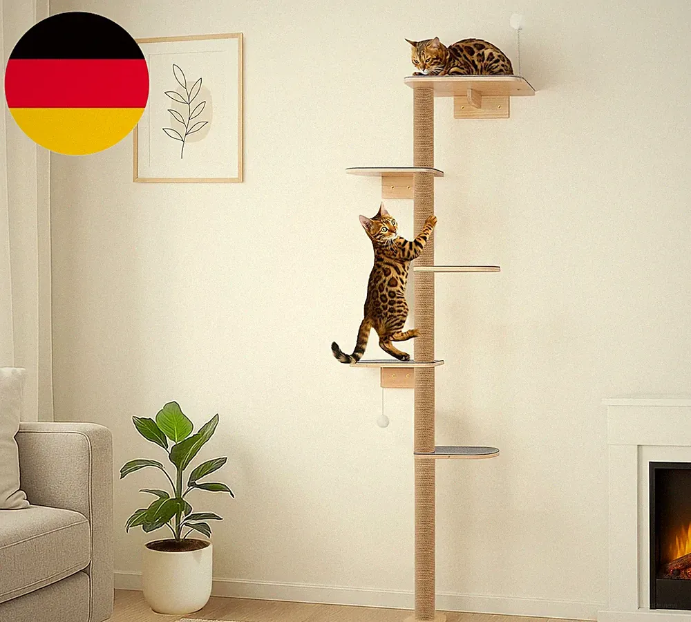 Kratzbaum Groß 210Cm Kletterwand Katzen, Wandmontierter Katzenkratzbaum 5 Stöcki