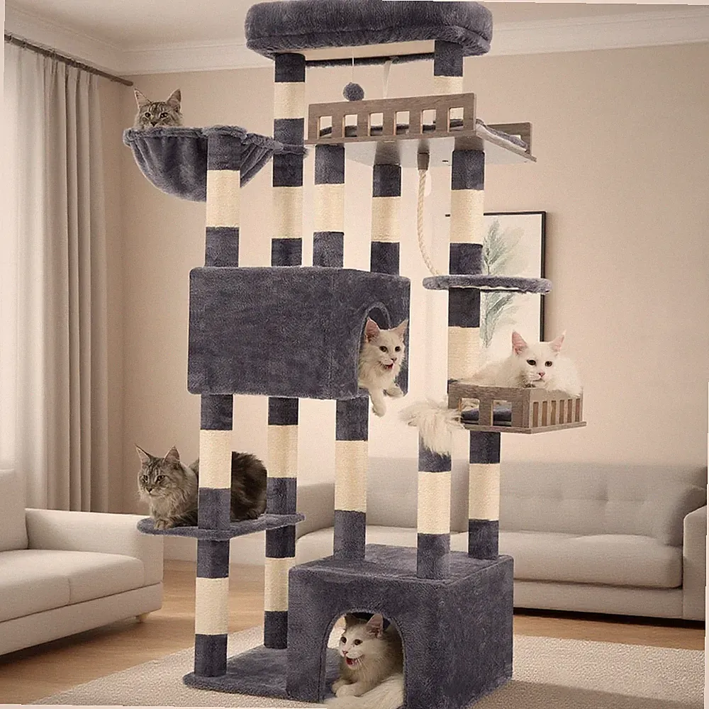 Kratzbaum Groß Ausgewachsene Katzen 174cm Katzenkratzbaum Höhlen Sisal Grau