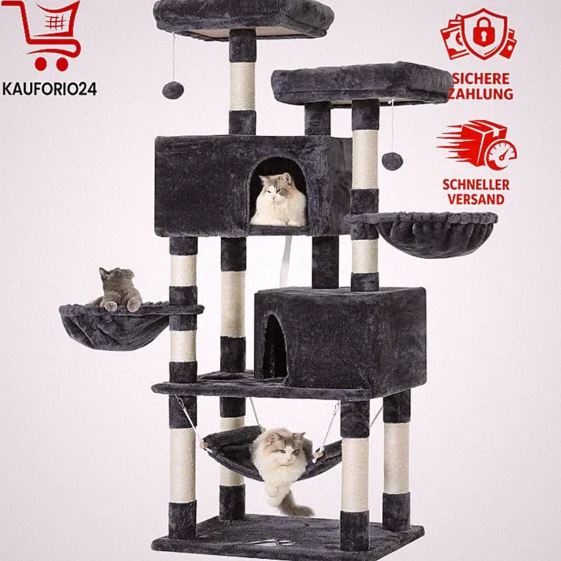 Kratzbaum Groß Dunkelgrau mit 2 Plattformen und Höhle für Große Katzen Sisal