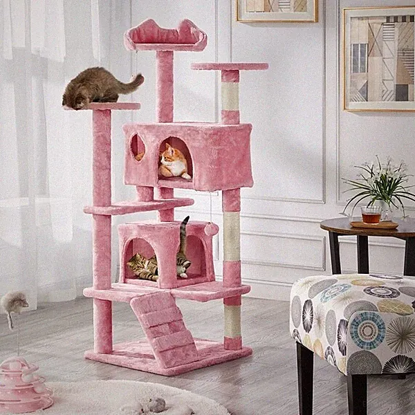 Kratzbaum groß Katzenbaum Kletterbaum Stabil Katzenkratzbaum 138 cm hoch Rosa