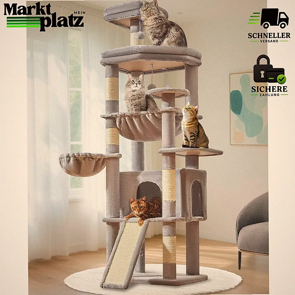 Kratzbaum Groß XXL 183cm Stabil mit Katzenhaus Metallhängematte Hellgrau