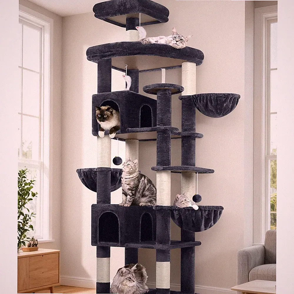 Kratzbaum Groß XXL hoch 209 cm mit 2 Katzenhaus, Große Plattform, 3 Korb, Sit...