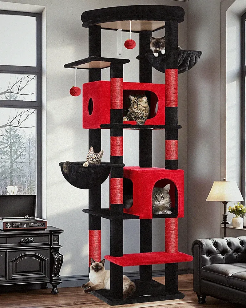 Kratzbaum Große Schwarz Rot 188 cm mit 2 Großer Katzenhaus 50*30*30CM, Extrag...