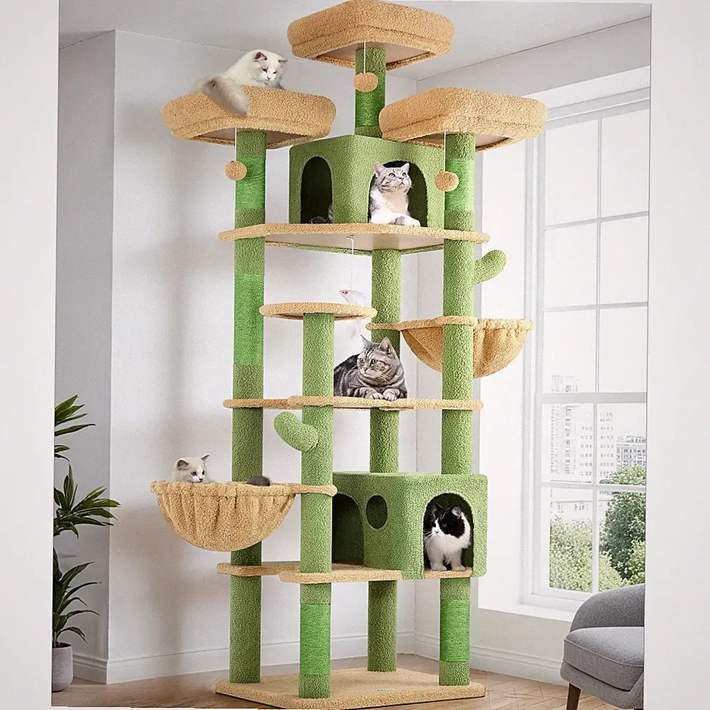 Kratzbaum Grün Kaktus XXL Große 209 cm mit 3 Gepolsterte Sitzstangen, 2 Katze...