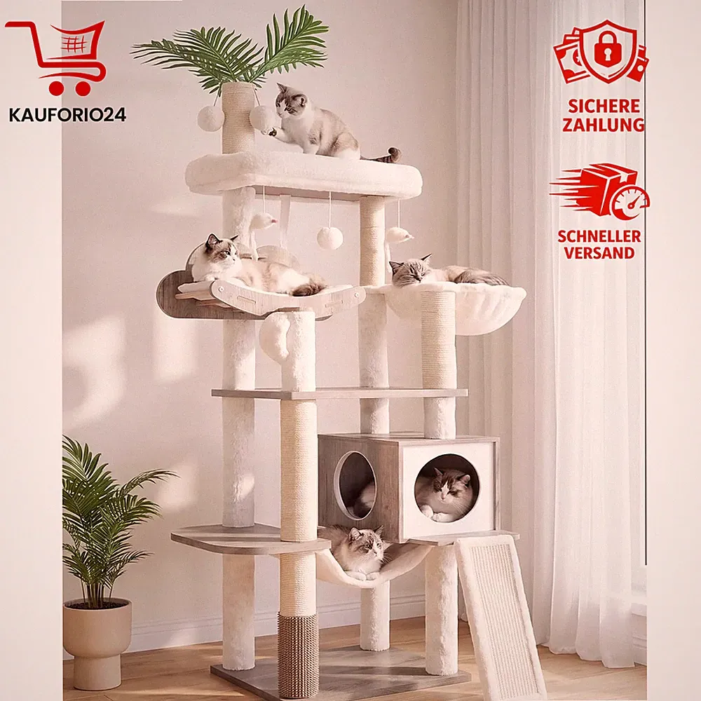 Kratzbaum Holz für Katzen mit Hängematte, Korb, Selbst Groomer 120cm Grau