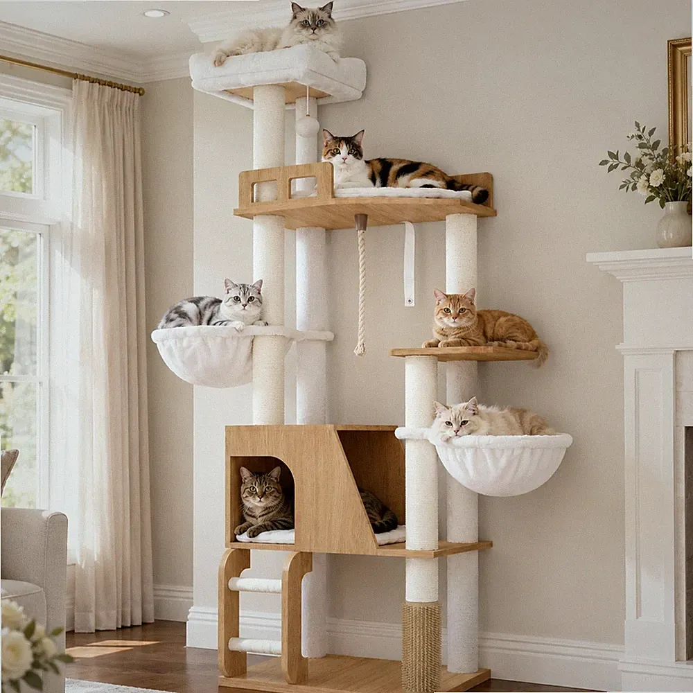Kratzbaum Holz modern Katzenhaus Sisal Klettern Ruhebereich 167 cm Mehrkatzen