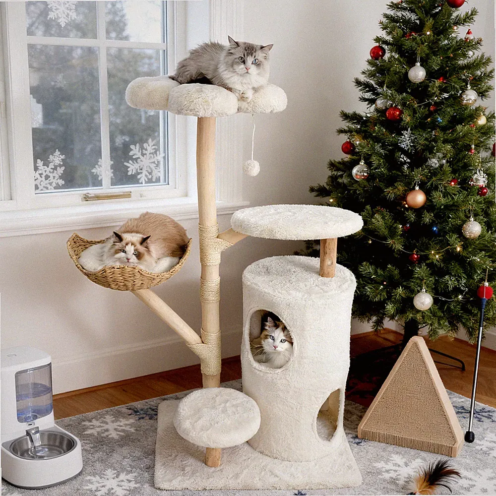 Kratzbaum Holz Sisal 142 cm stabil Katzen Kletterbaum mit Katzenkorb Spielbaum