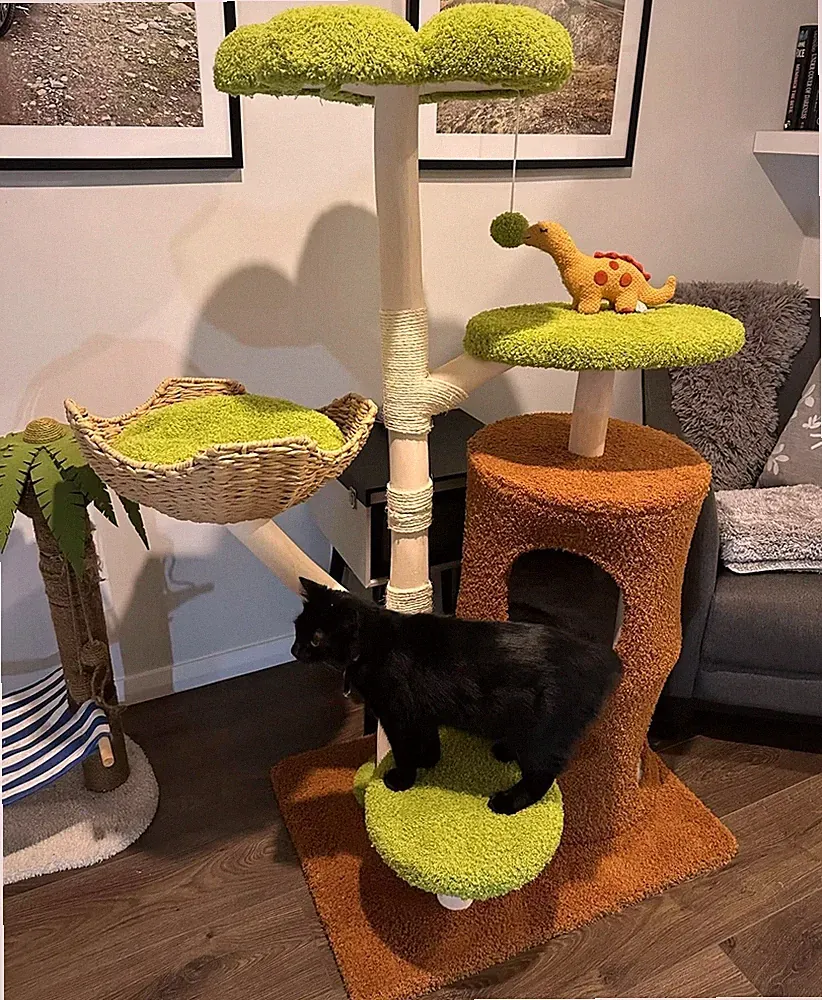 Kratzbaum Holz Sisal 142 cm stabil Katzen Kletterbaum mit Katzenkorb Spielbaum