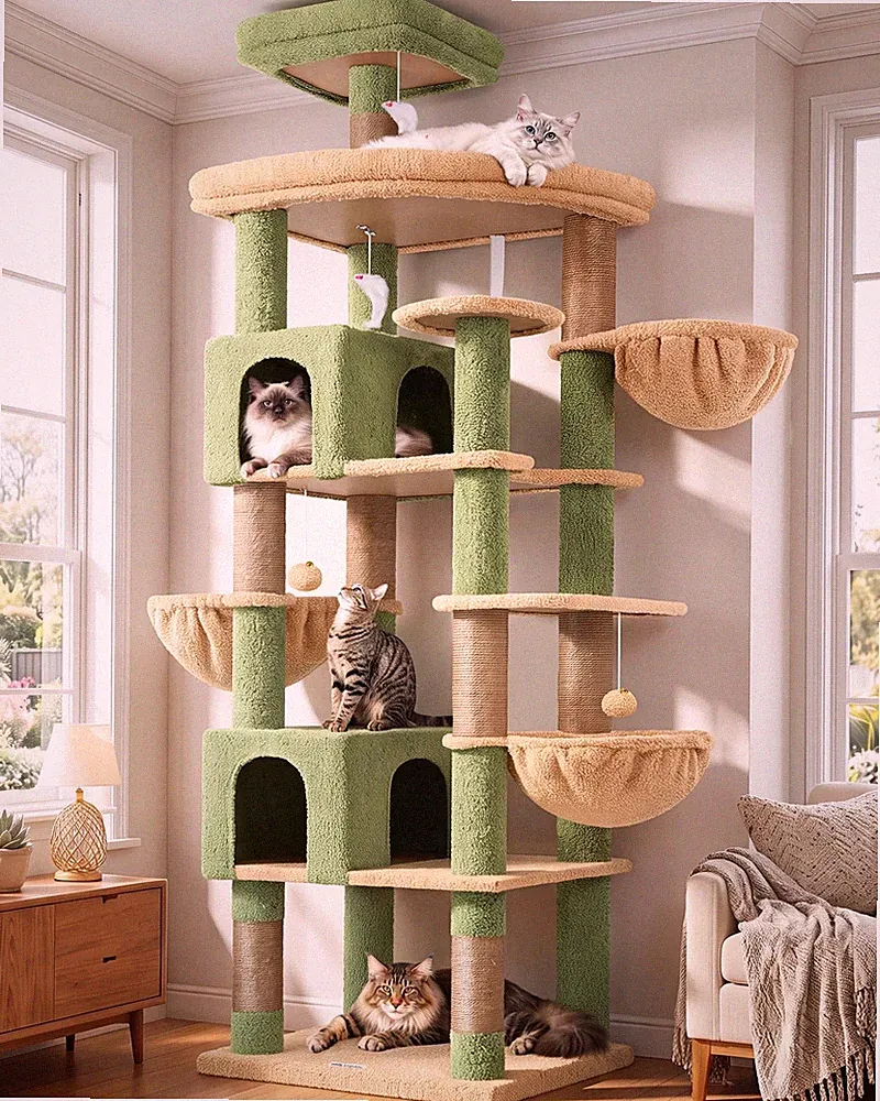 Kratzbaum Kaktus Grün XXL Stabil 210cm Große Katzen 2 Katzenhaus Plattform