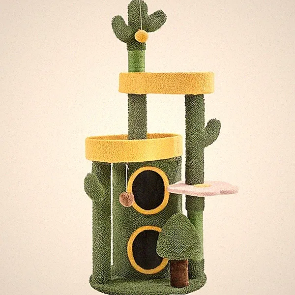 Kratzbaum Kaktus Oase-Thema Katzenbaum 123 cm hoch mit 2 Plattformen Grün-Gelb