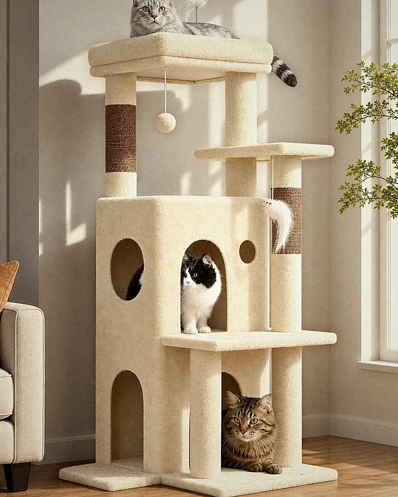 Kratzbaum Katze Beige Stabil Plüsch Katzenhaus Liegefläche 127cm Senioren