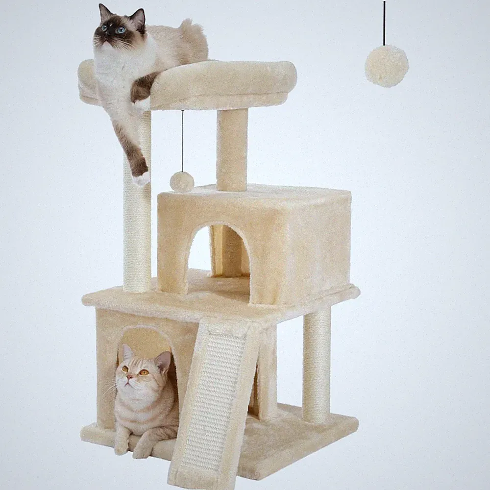 Kratzbaum Katzen Baum Sisal Plüsch Spielzeug Katzenmöbel beige Kunstfaser