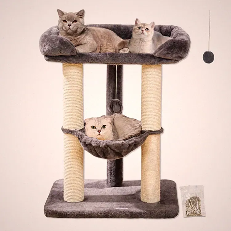 Kratzbaum Katzen Happi N Pets 71 cm grau Sisal Hängematte Bett 3 Etagen 60x40 cm