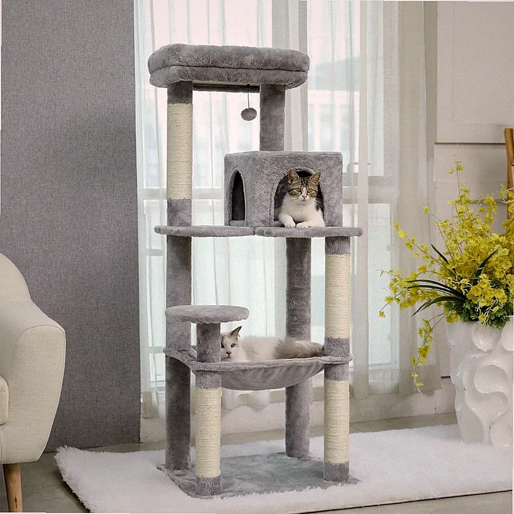 Kratzbaum Katzen Kratzturm Aktiv Mehrkatzen 143cm Grau Plüsch Sisal