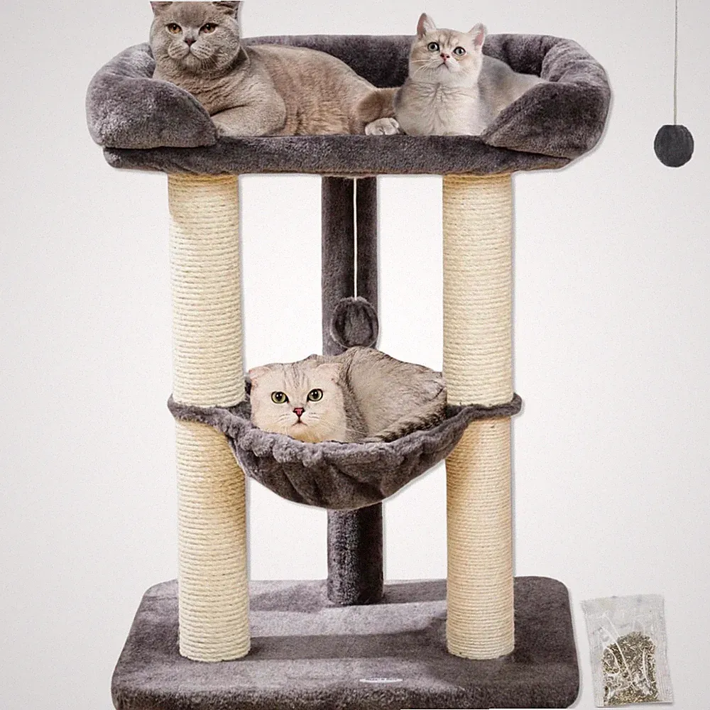 Kratzbaum Katzen Sisal Kratzstamm mit Bett Hängematte Stabil 72CM Grau abnehmbar