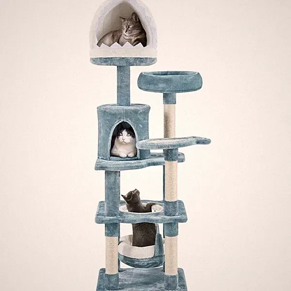Kratzbaum Katzenbaum 155 cm stabil Meer-Design mit Plattform Hängekorb Blau-Weiß