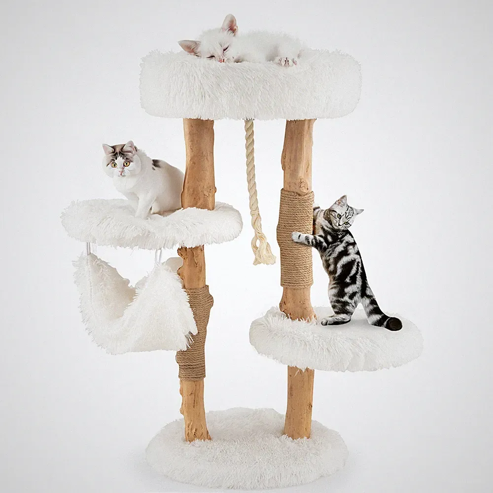 Kratzbaum Katzenbaum aus Massivholz mit Hängematte & Sisalseil