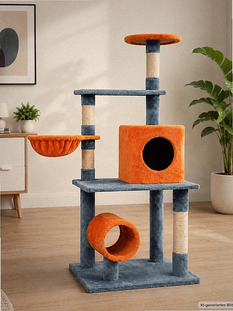 Kratzbaum / Katzenbaum – Grau/Orange mit blauen Elementen – neu BY-C2