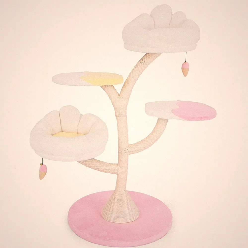 Kratzbaum Katzenbaum Holz Sisal Kletterbaum Katzenmöbel Weiß+Pink