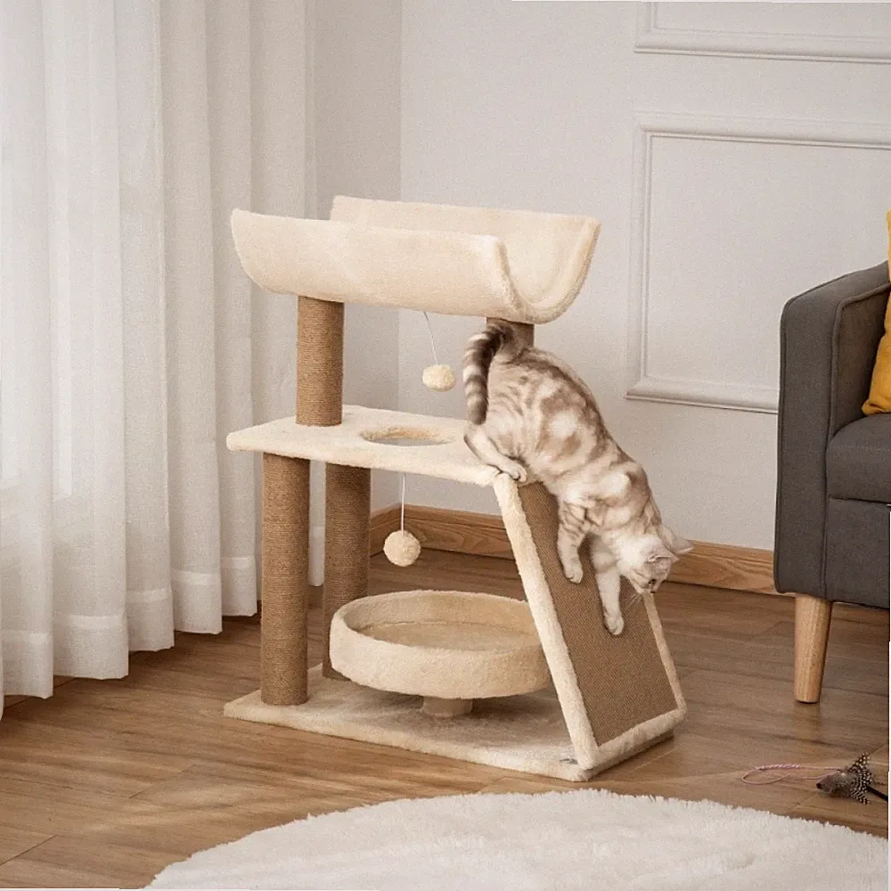 Kratzbaum Katzenbaum, inkl. Spielzeug und Katzenbett, 60 cm x 30 cm x 76 cm, Nat