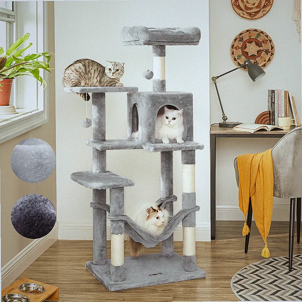 Kratzbaum Katzenbaum Kletterbaum Katzenkratzbaum Hängematte 143cm grau FEANDREA