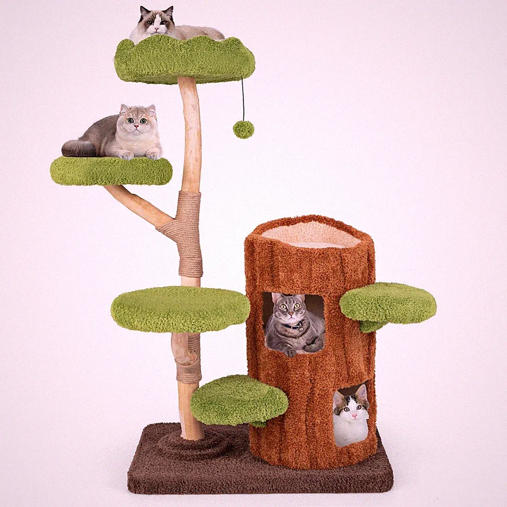 Kratzbaum Katzenbaum Kletterbaum Massivholz Braun+Grün 80x50x141cm