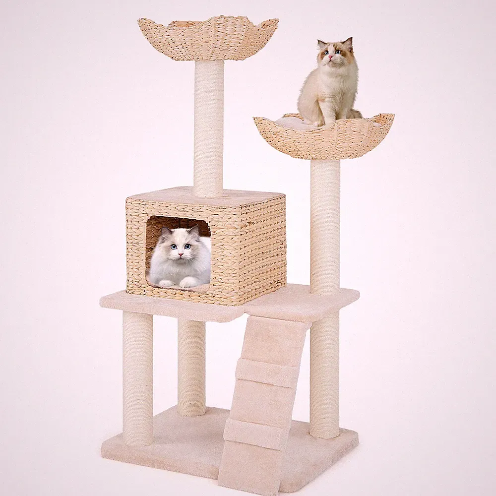 Kratzbaum Katzenbaum Kletterbaum mit Leiter & Kissen aus Rohrkolben Sisal