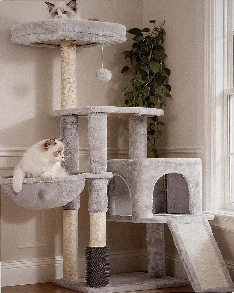 Kratzbaum Katzenbaum mit Bürste Plüsch Sitzstange Korb Kratzbrett Hellgrau