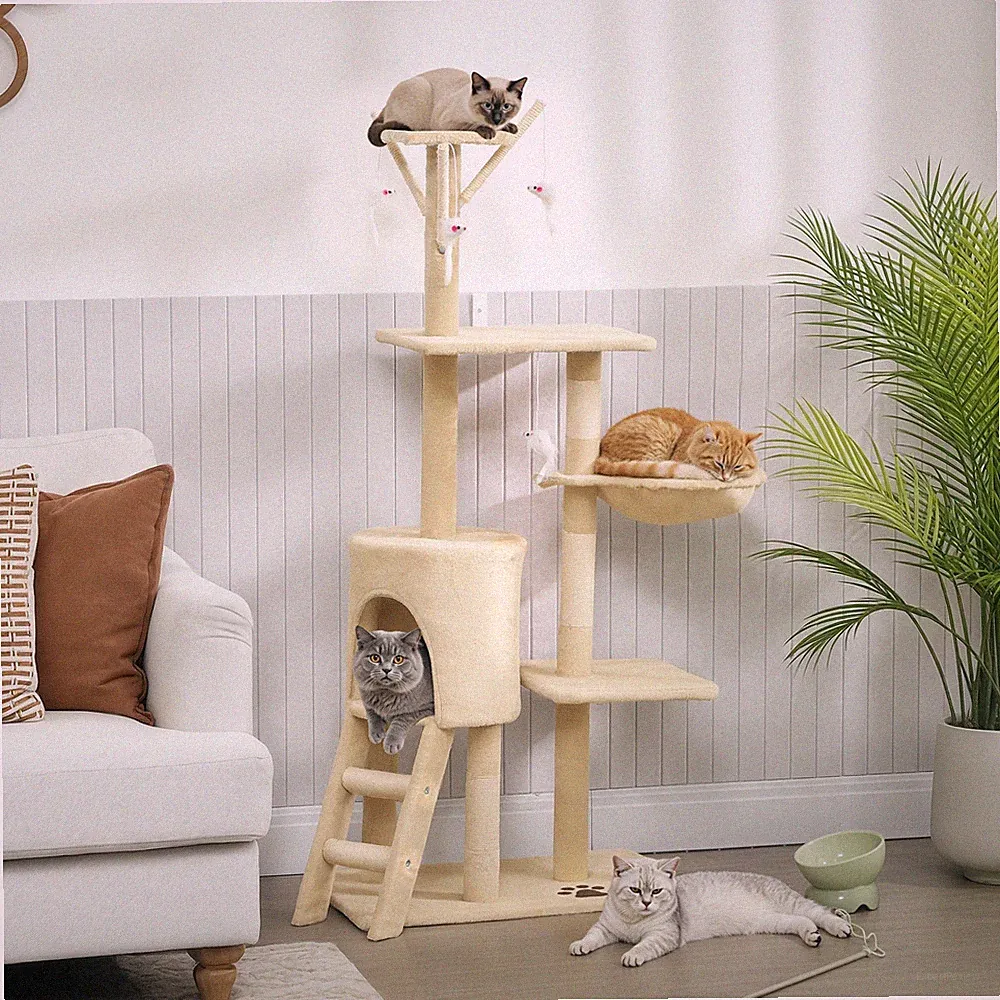 Kratzbaum Katzenbaum mit Höhle, 4 Spielzeuge, Sisalstämme, große Plattform, Trep