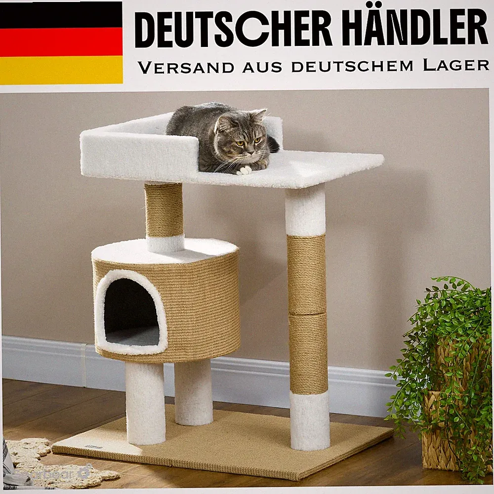 Kratzbaum Katzenbaum mit Katzenhöhle Katzenbett Kratzsäule 79cm Braun Weiß
