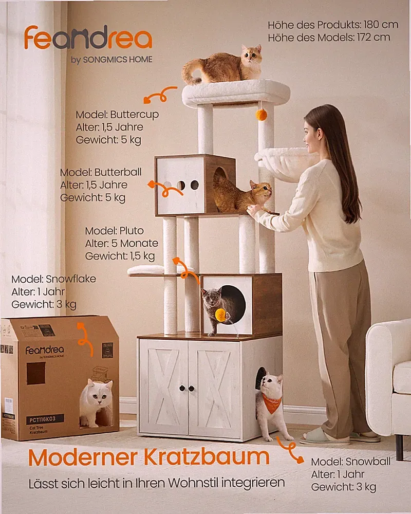 Kratzbaum, Katzenbaum mit Katzenklo-Schrank, 180 cm hoch, Katzenkratzbaum