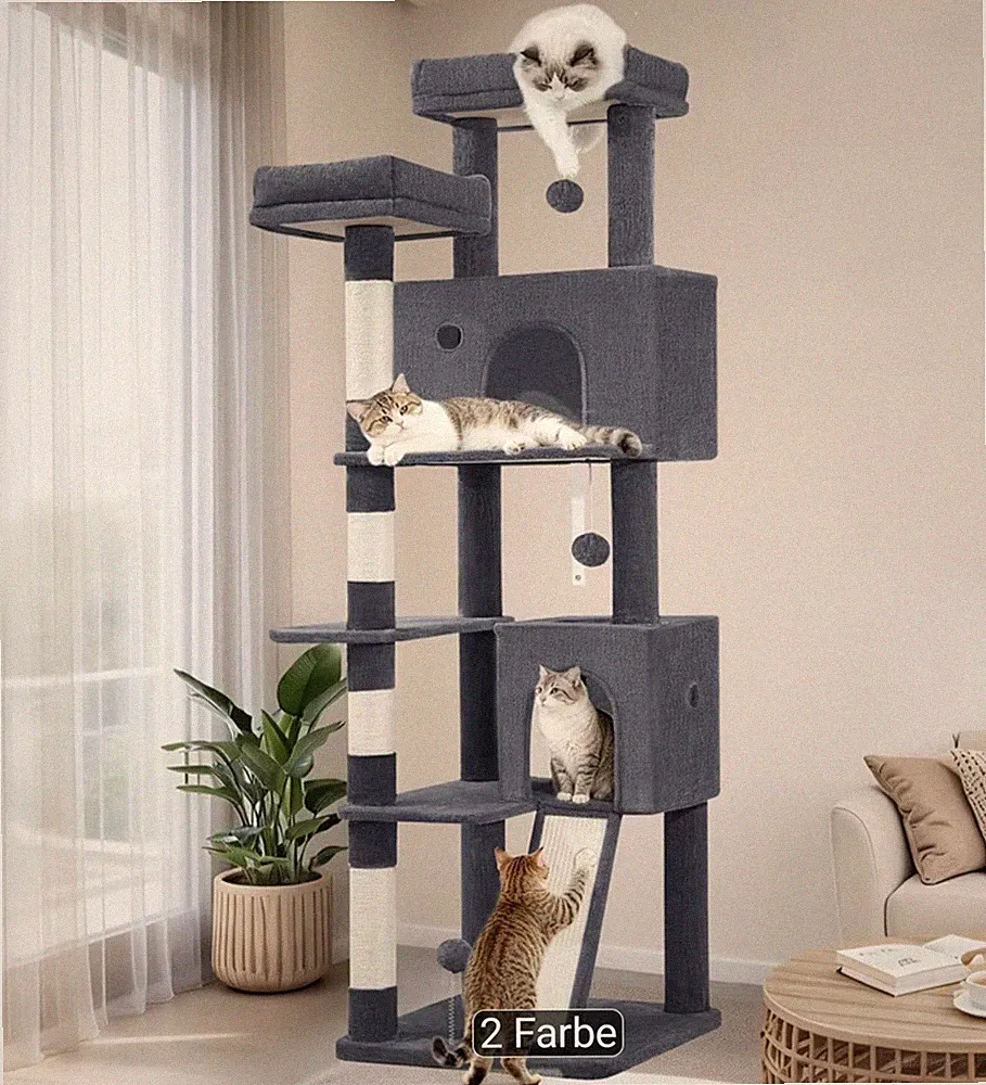 Kratzbaum Katzenbaum Sisal 178 cm Grau mit Kratzbrett und Spielball