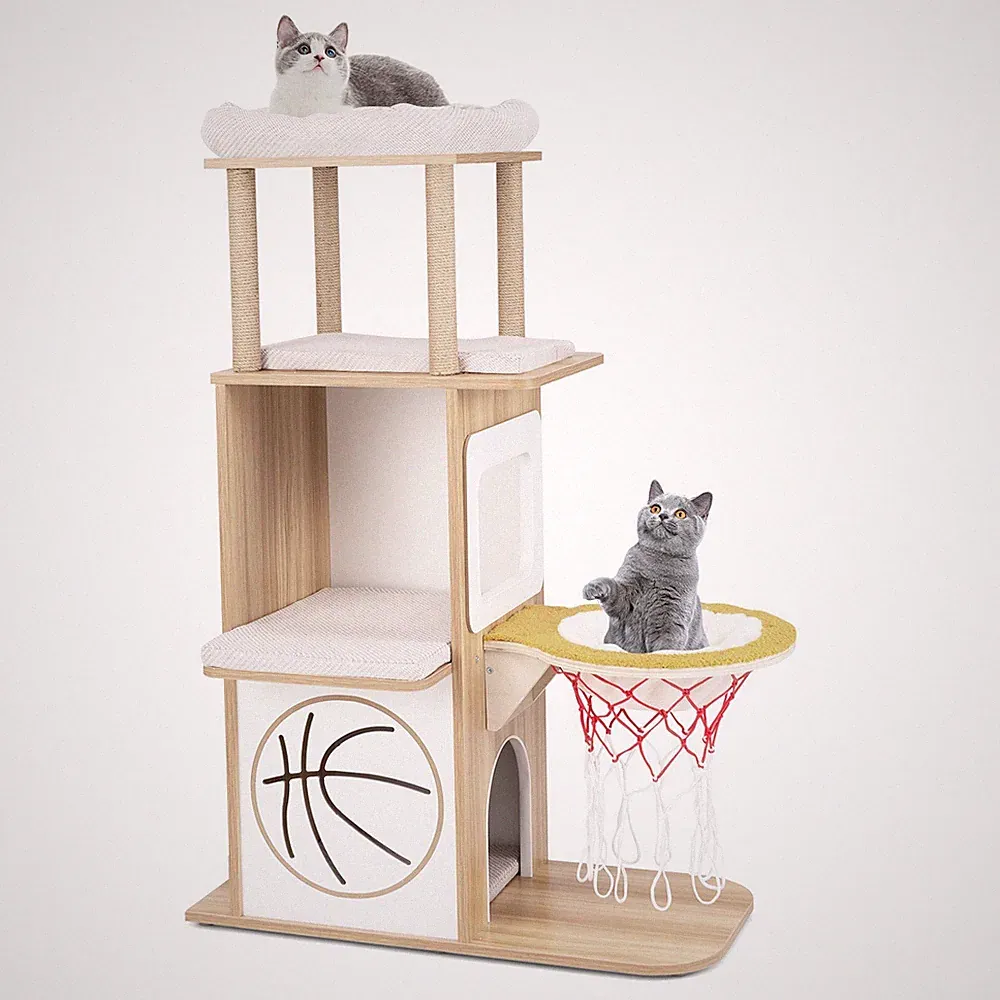 Kratzbaum Katzenbaum120 cm großer Kletterturm Holz mit Basketballkorb