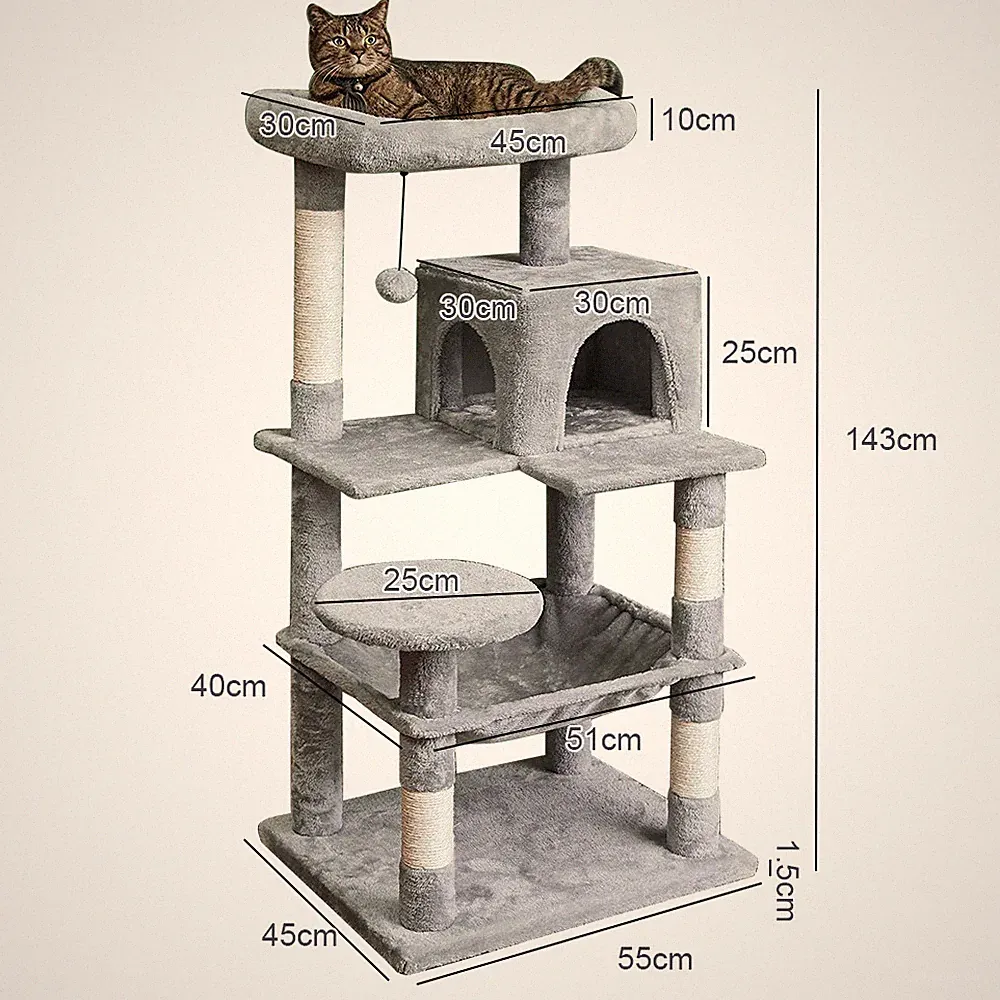 Kratzbaum Katzenkratzbaum 143cm Kletterbaum Katzenbaum für Katzen Sisal Hellgrau