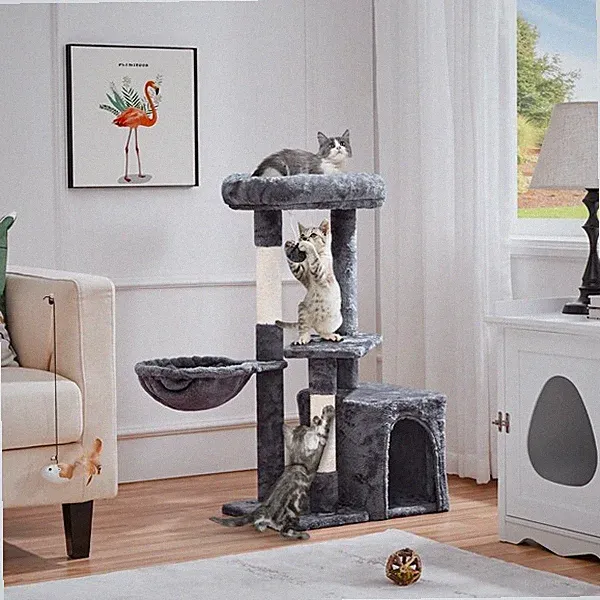 Kratzbaum klein 87 cm hoch stabiler Kletterbaum mit Plüsch Sisal für Katzen Grau