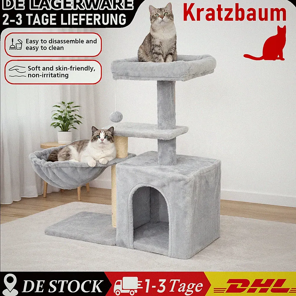 Kratzbaum Klein Katzenbaum Sisal Hellgrau Plüsch Katzenkratzbaum mit Höhle NEU