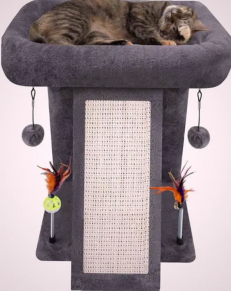Kratzbaum, Kletterbaum für Indoor-Katzen, Katzenmöbel mit Spielzeugbällen, Grau