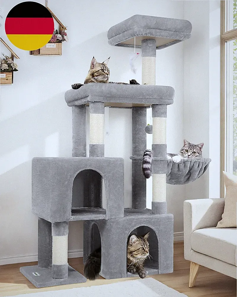 Kratzbaum Mit 2 Katzenhaus, Große Gepolsterte Plattform, Sitzstangen, Katzenkorb