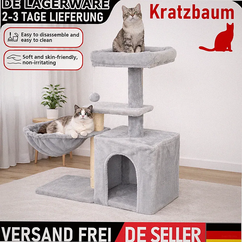 Kratzbaum mit 3-stöckiger Struktur oder Katzenhaus, Sisalpfosten & Höhle in Grau